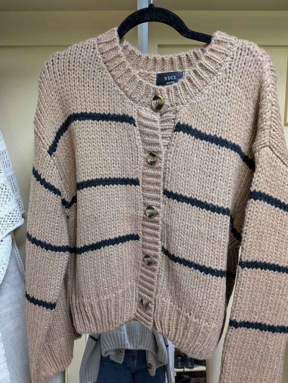 VICI Beige Cardigan with Black Stripe Detail